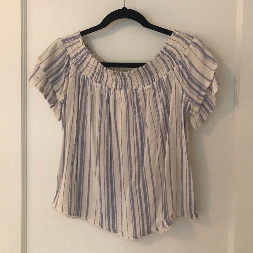 Blue and white striped off the shoulder top